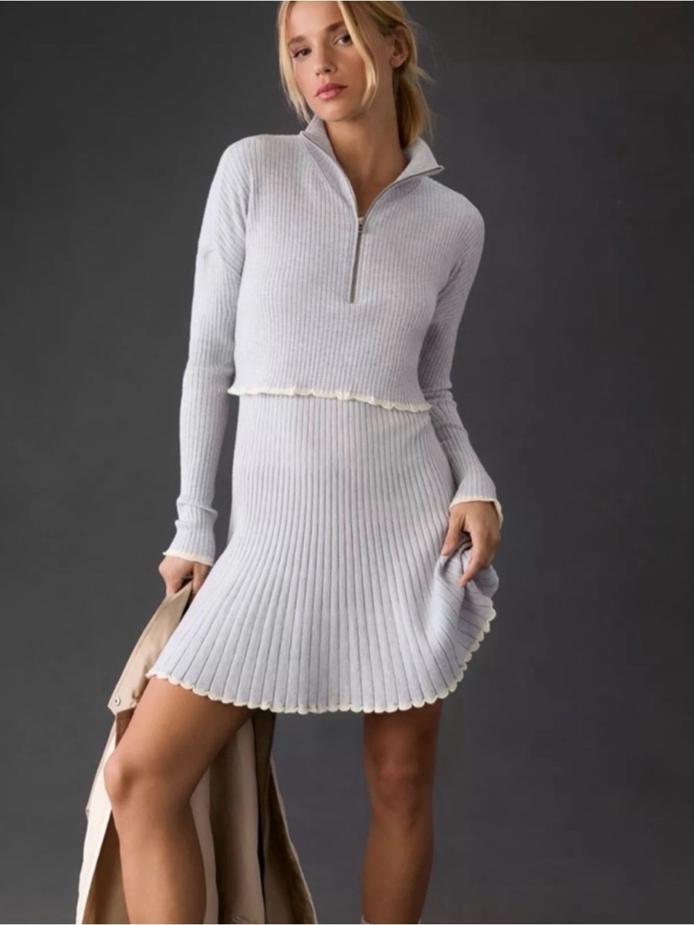 Daily Practice Ribbed Knit Zip Mock Neck Mini Dress Light Gray Size XS
